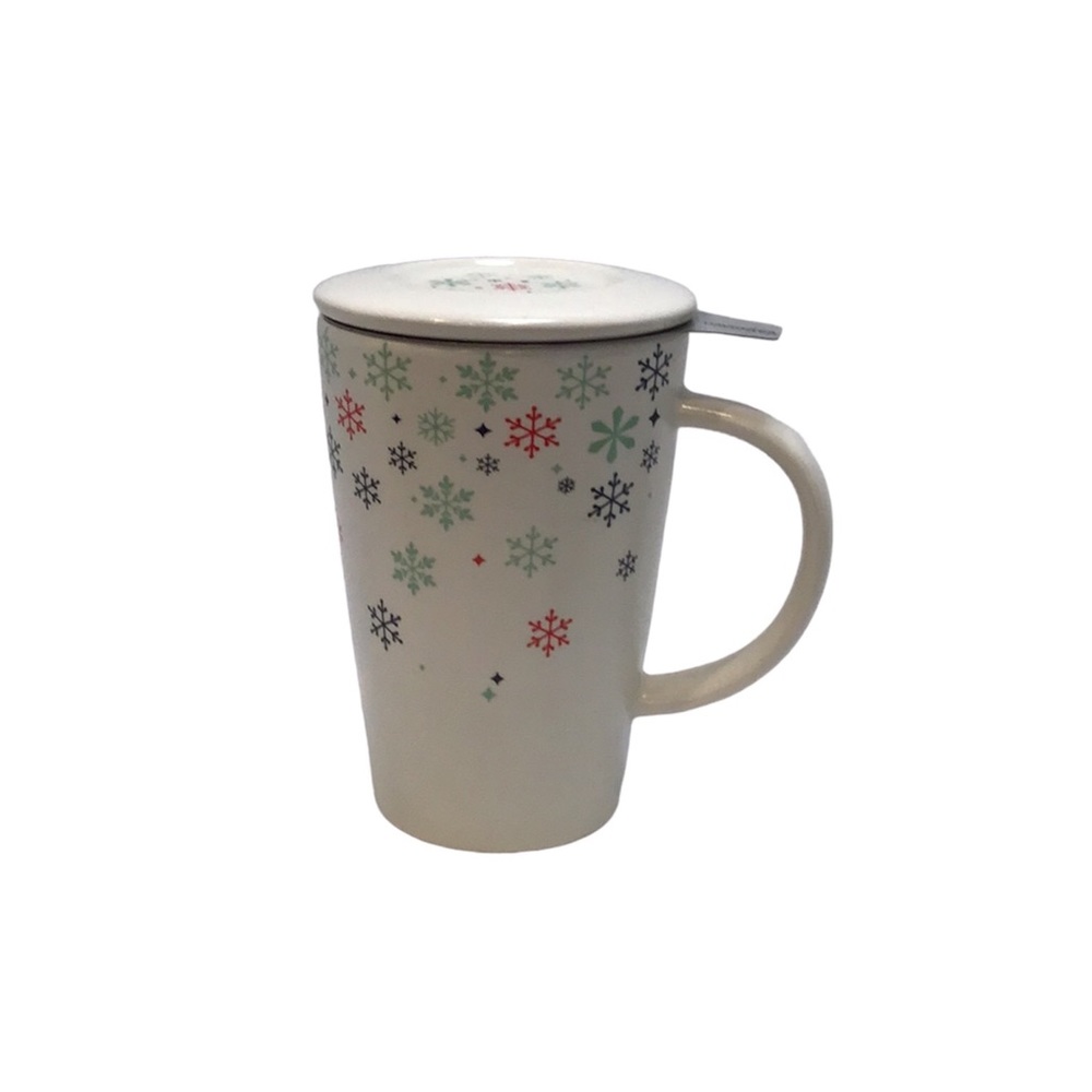 💚 David’s Tea Mug with Lid and Strainer - Snowflake pattern